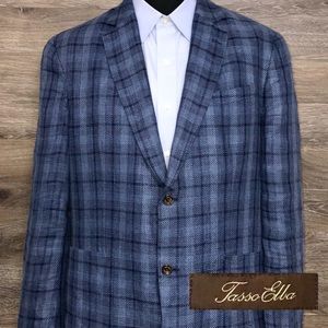 Tasso Elba 100% Linen Blue Plaid Blazer L (42-44)
